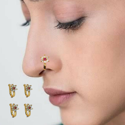 Artificial Gold Plated Floral Red & White Stone Clip-On Nose Ring for Women Combo Pack of 4