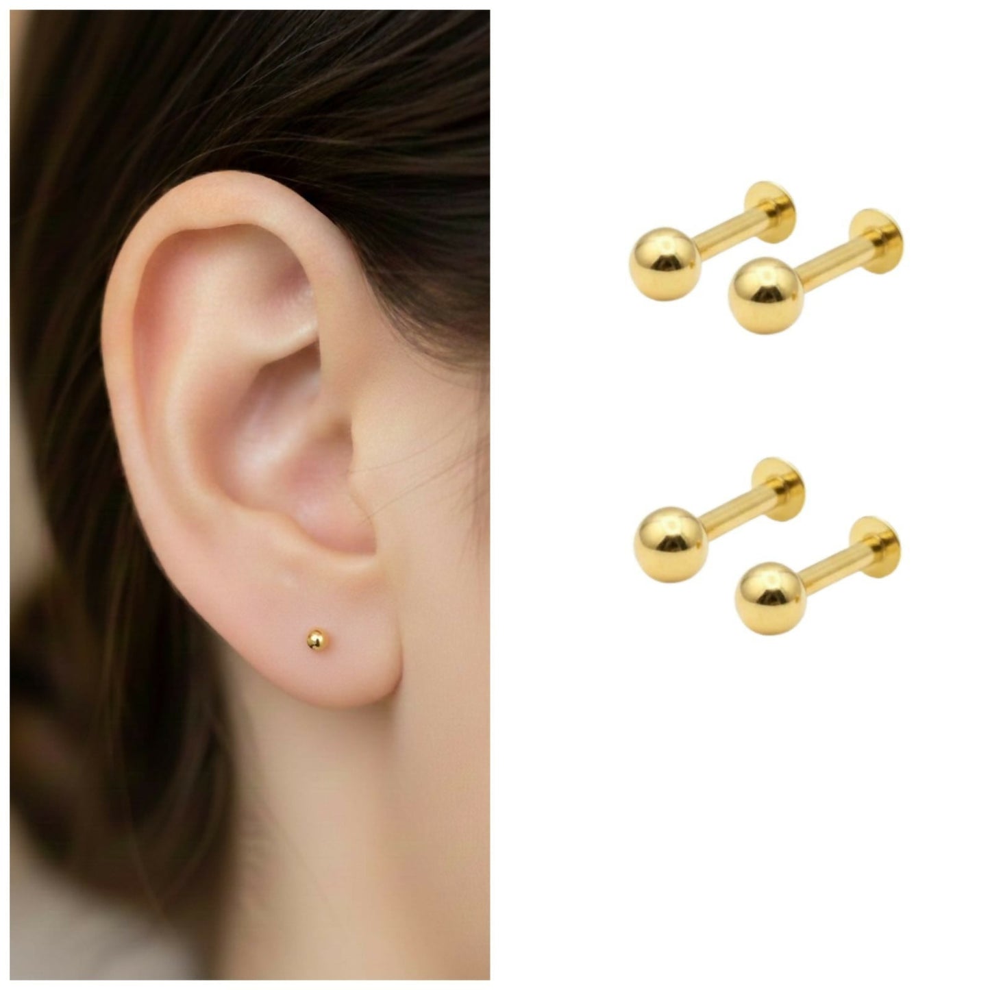 Artificial Gold Flat Back Labret Stud Earrings Tiny Ball Piercing for women and girls Combo Pack of 4