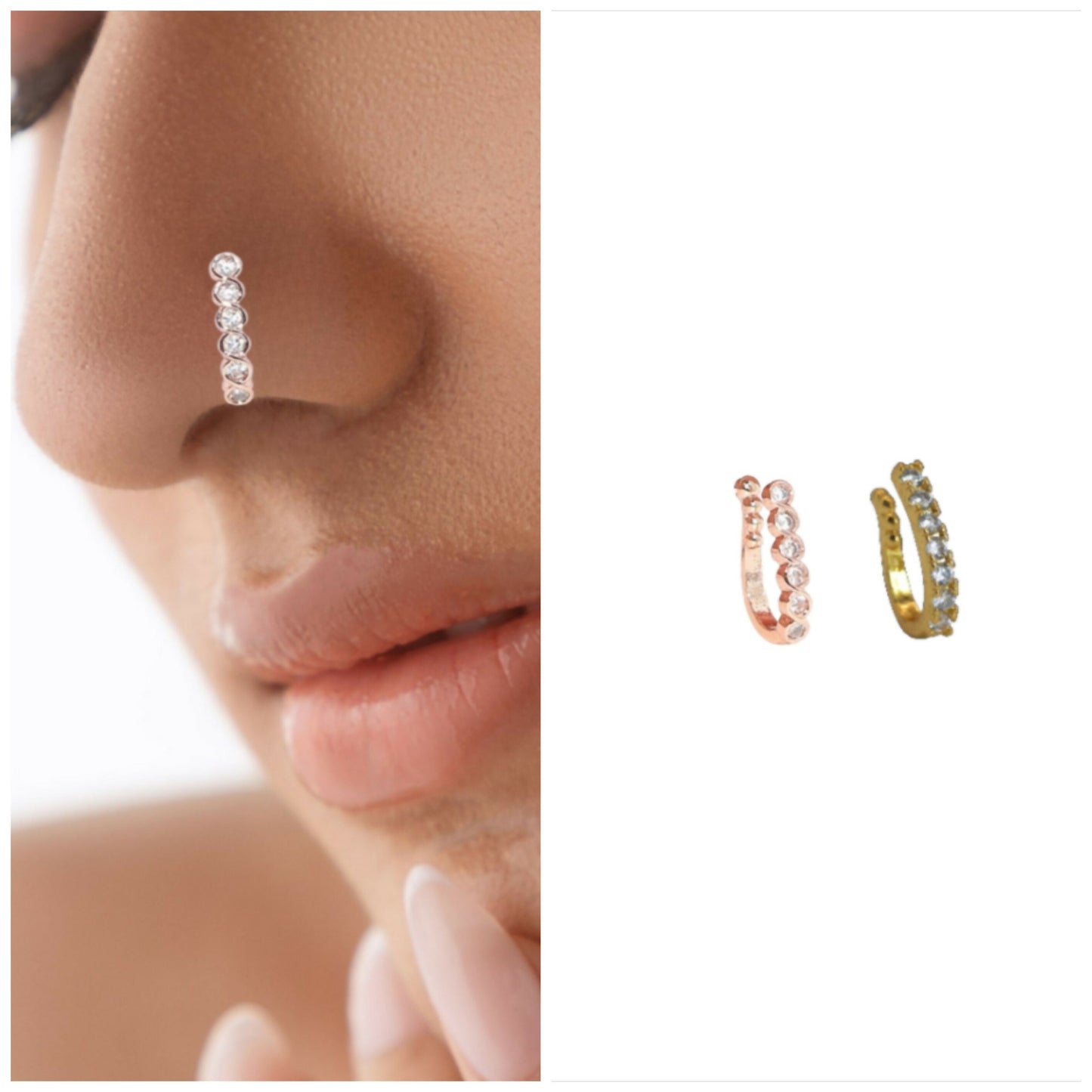 CZ Studded Nose Cuff | Non-Piercing Nath Pin |   Artificial Gold/Rose    Artificial Gold Combo Pack of 2