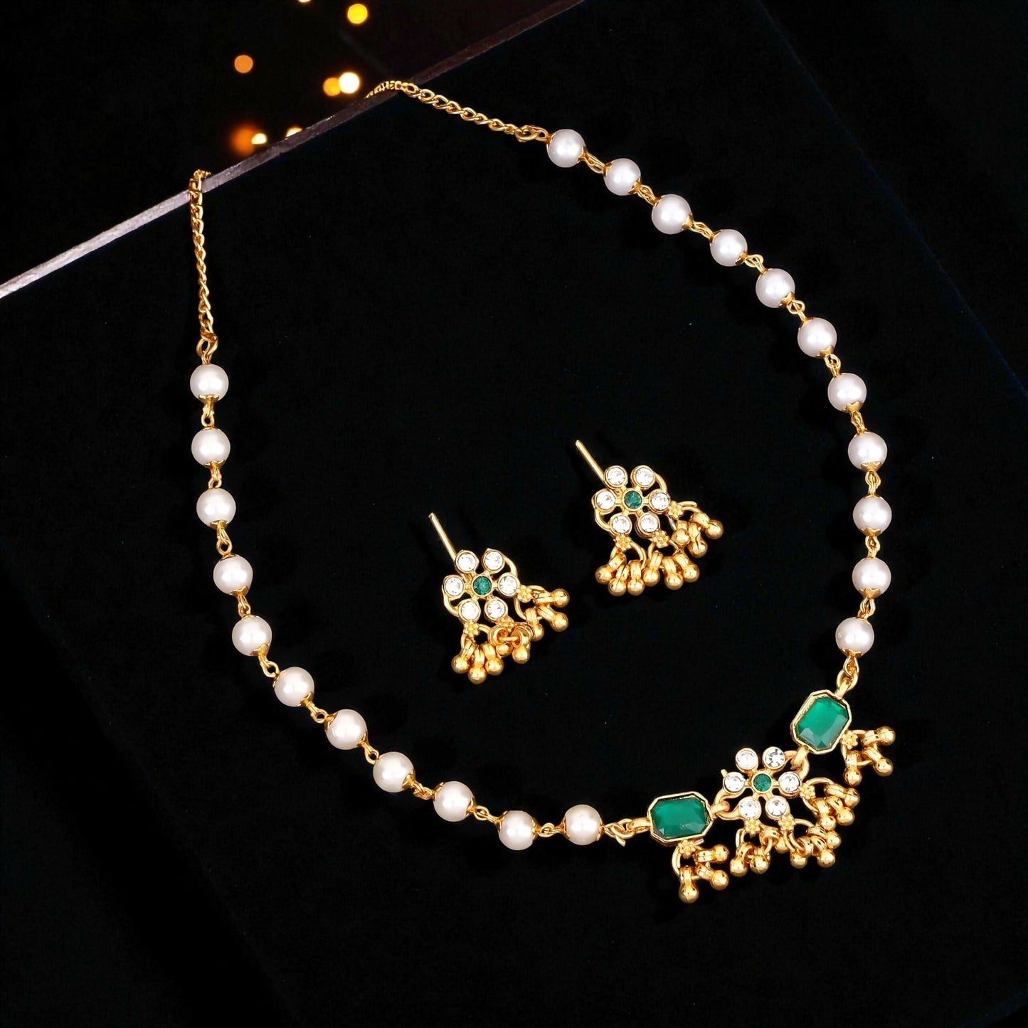 Traditional  Artificial Gold-Plated Green Enamel Lotus Choker with Pearl Drops