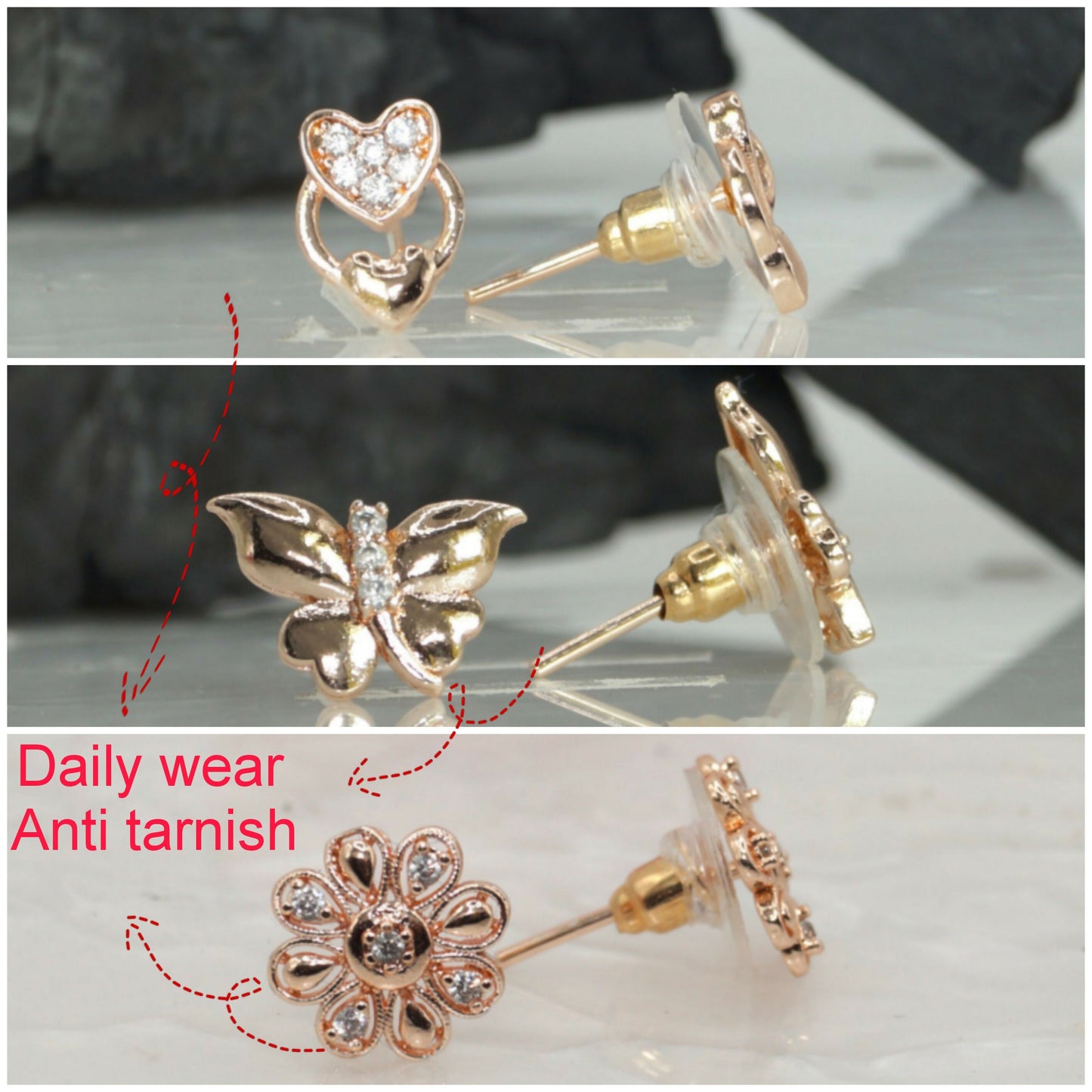 Rose    Artificial Gold Plated AD Diamond Studs: Heart, Butterfly & Flower for women and girls Combo Pack of 3