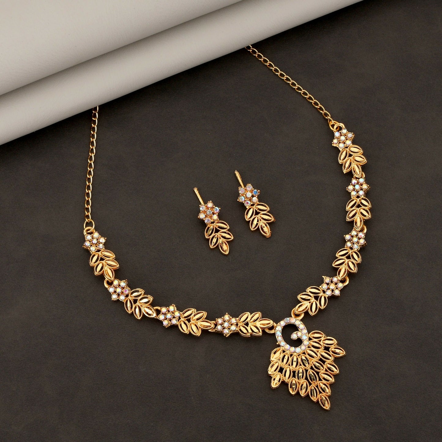 Artificial Gold-Toned American Diamond & Kundan-Style Leafy Necklace Set