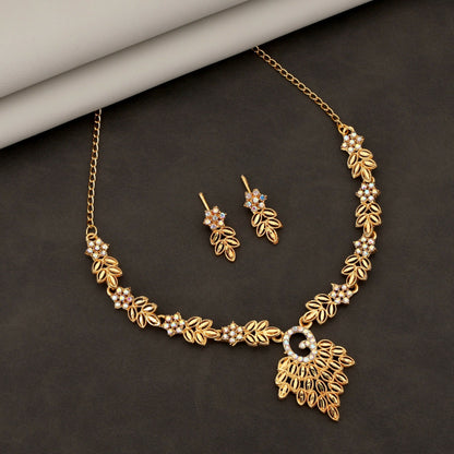 Artificial Gold-Toned American Diamond & Kundan-Style Leafy Necklace Set
