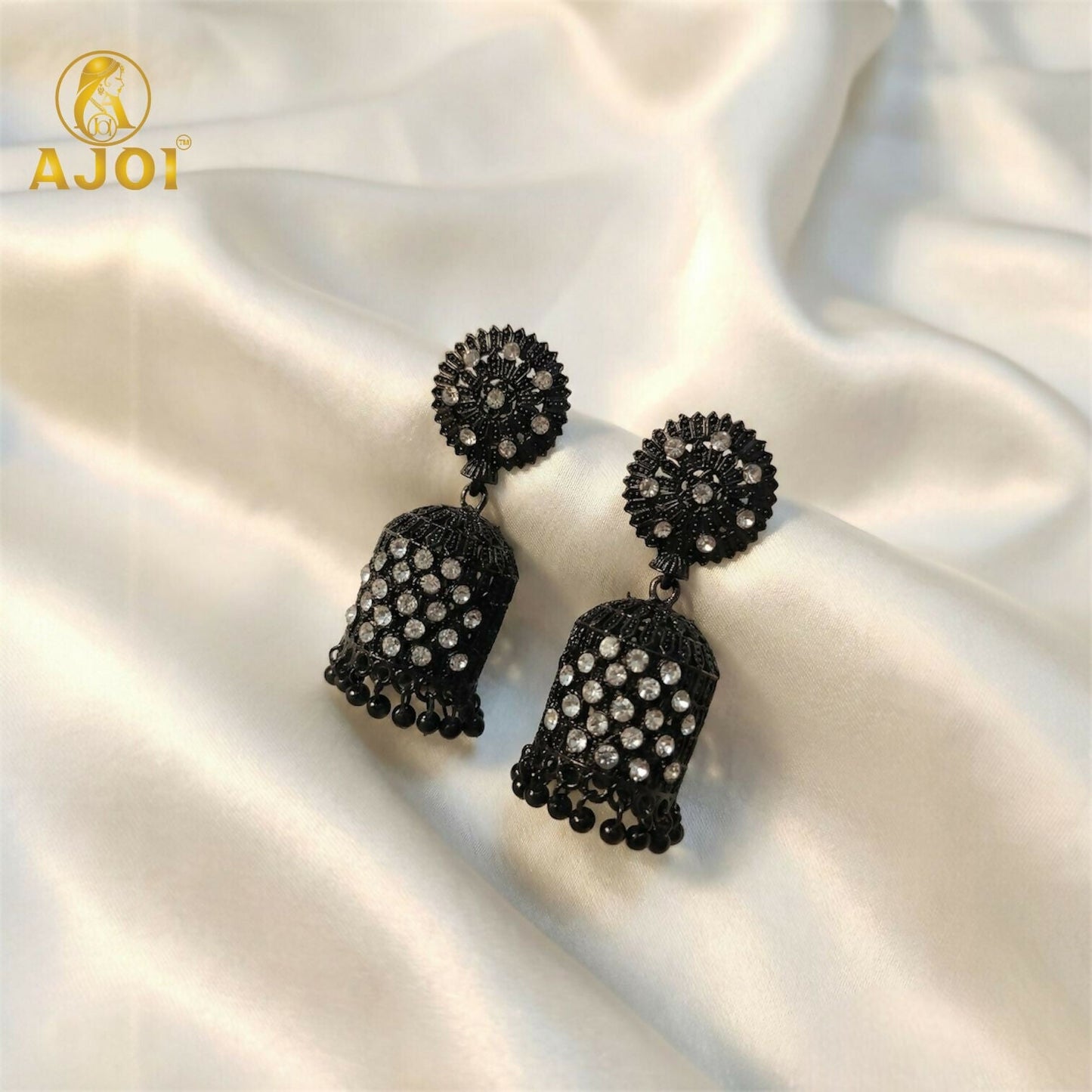 Black Crystal Studded Jhumka Earrings for Women & Girls.