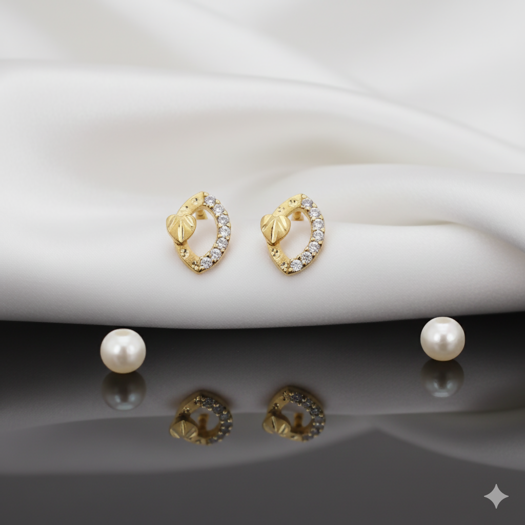 Artificial Gold-Plated AD Oval Stud Earrings | Daily Wear Leaf Design for women and girls