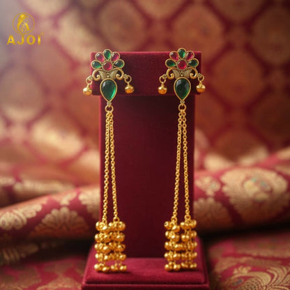 Kashmiri Style    Artificial Gold Plated Floral Long Latkan Earrings For Women And Girls