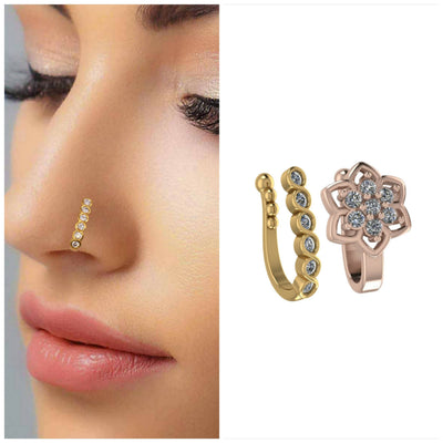 Artificial Gold & Silver Tone Nose Clip Combo: Pave, Flower Combo Pack of 2