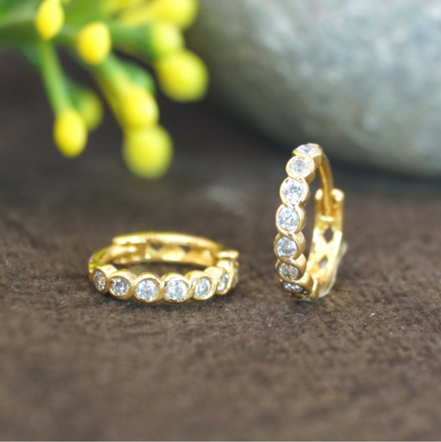 Artificial Gold Plated Bezel AD Bali Huggie Hoop Earrings for Daily Wear kan ki Bali Combo Pack of 2