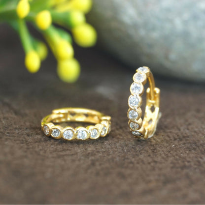 Artificial Gold Plated Bezel AD Bali Huggie Hoop Earrings for Daily Wear kan ki Bali Combo Pack of 2