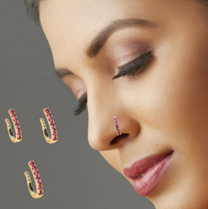 Artificial Gold Plated Ruby CZ Single Row Non-Pierced Nose Cuff/Ring Combo Pack of 3