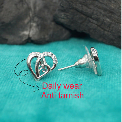 Silver-Plated Heart Stud Earrings with AD for women and girls