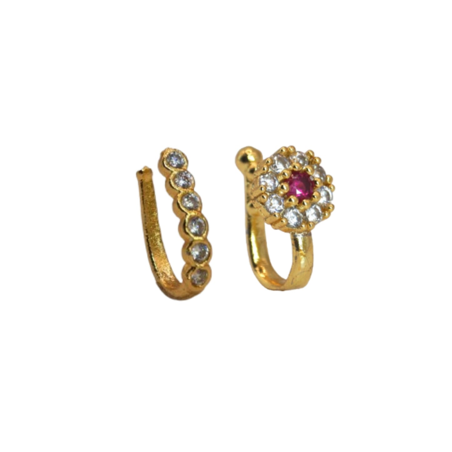 Ruby CZ    Artificial Gold Plated Non-Piercing Flower Nose Ring/Clip-On Nath Combo Pack of 2