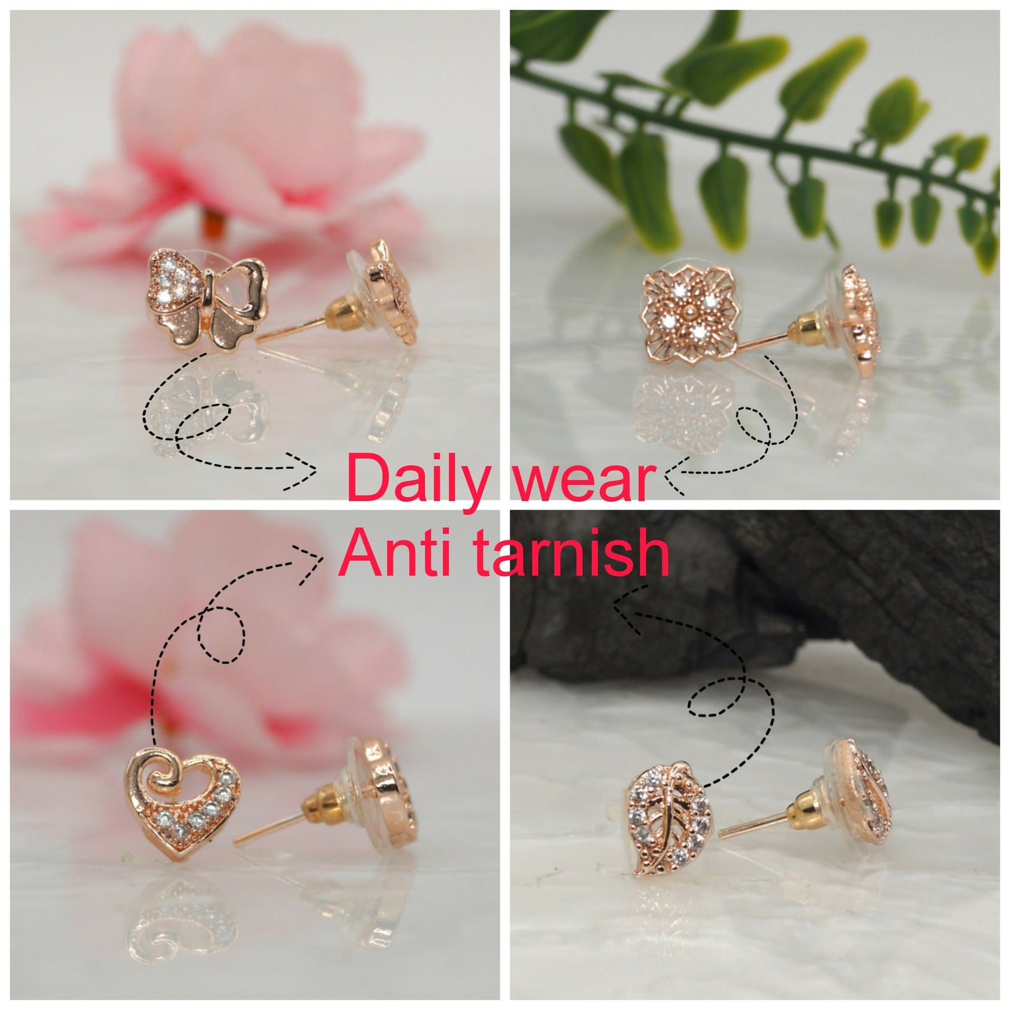 Rose    Artificial Gold Plated CZ Stud Earrings Combo (4 Pairs) for women and girls