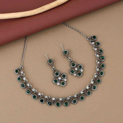 Antique Silver-Toned Choker Set with Emerald Green Stones