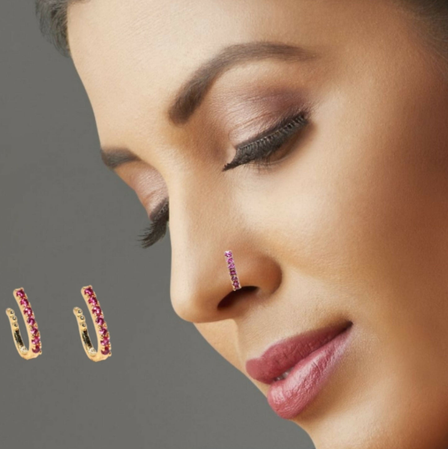 Double Row Pink Gem Nose Ring/Pin |   Artificial Gold/Silver Plated Combo Pack of 2