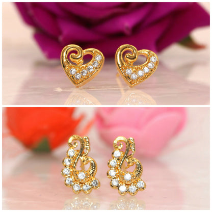 Artificial Gold-Plated Heart & Swirl Diamond Look Stud Earring Set for women & girls Combo Pack of 2