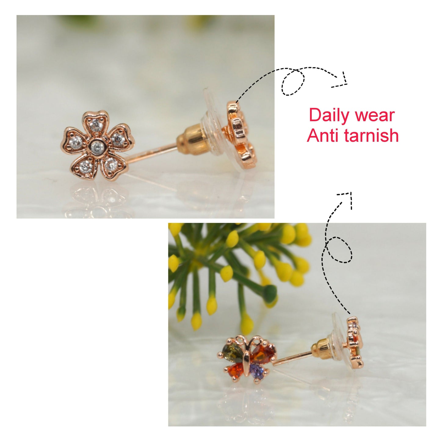 Rose    Artificial Gold Plated Butterfly & Flower Stud Earrings Set for women and girls Combo Pack of 2