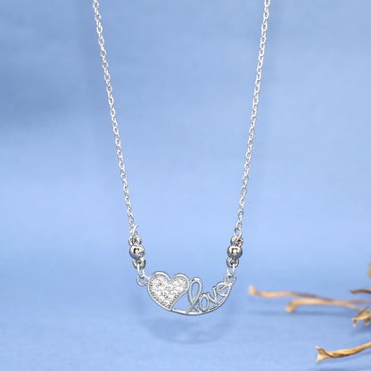 Silver Tone AD Pave Heart & Script 'Love' Pendant Necklace For women and girls