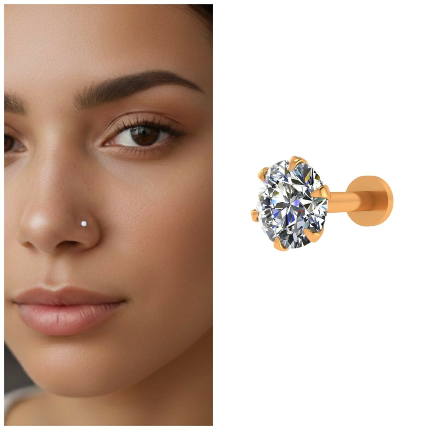 Artificial Gold Single AD Nosepin Laung Koka Nathni Round Solitaire Flat Back Stud