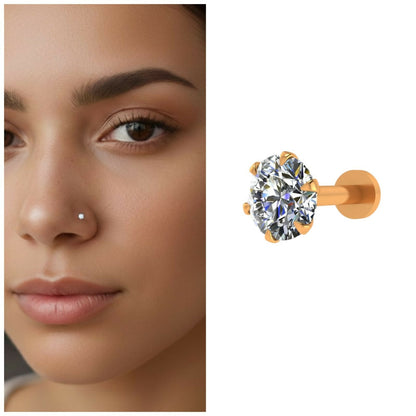Artificial Gold Single AD Nosepin Laung Koka Nathni Round Solitaire Flat Back Stud