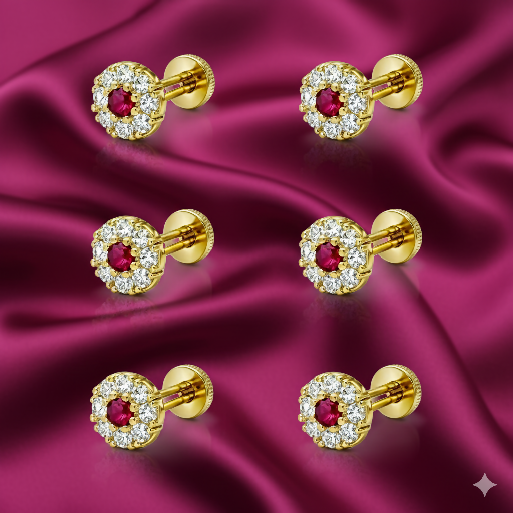 Artificial Gold plated Ruby & Diamond Floral Halo Nose Pin Labret Stud Combo Pack of 6
