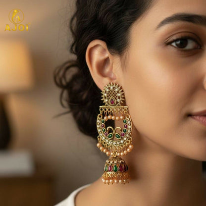 Peacock Motif Antique   Artificial Gold Finish Chandbali Jhumka Earring