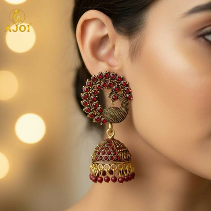 Royal Maroon Peacock Jhumka Earrings – Antique    Artificial Gold Finish