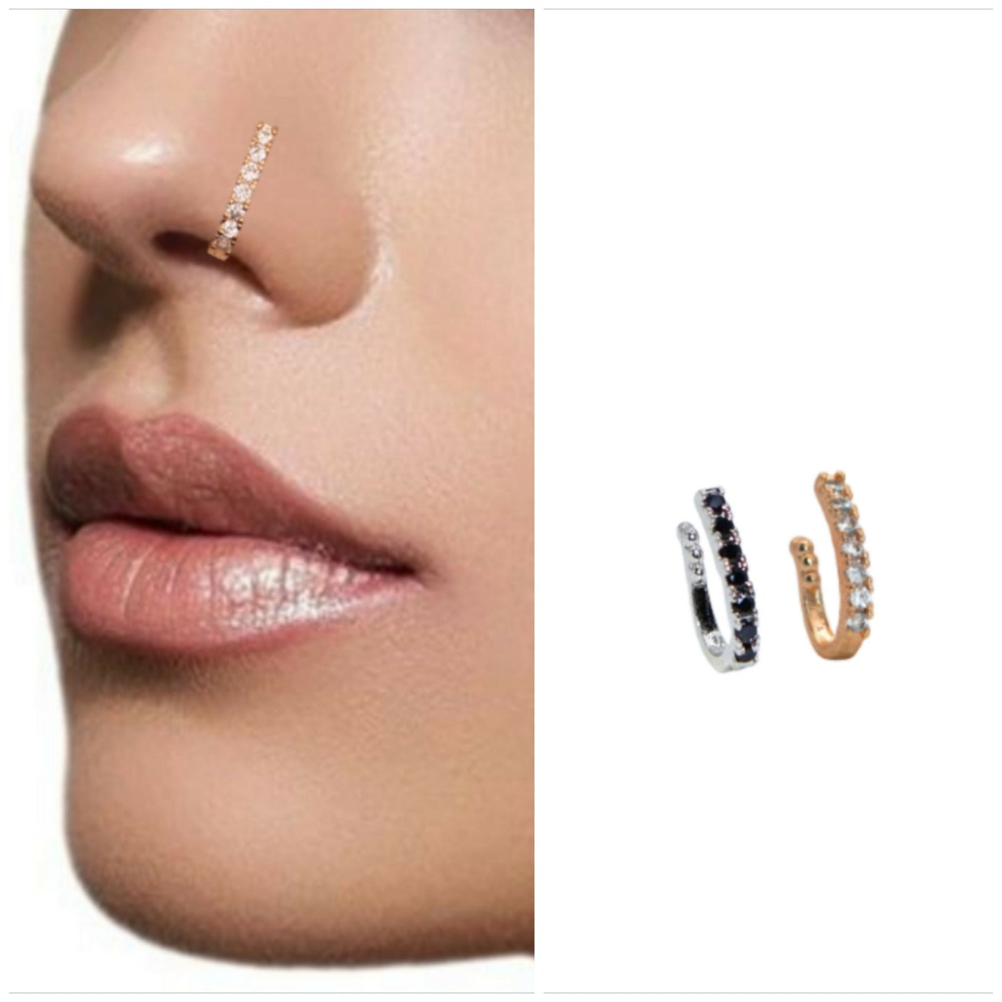Rose    Artificial Gold Tone Fake Nose Ring - Black Stones Combo Pack of 2