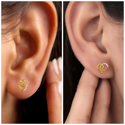 Artificial Gold Plated AD Stud Earrings Combo: Heart & Leaf Designs for women and girls Combo Pack of 2
