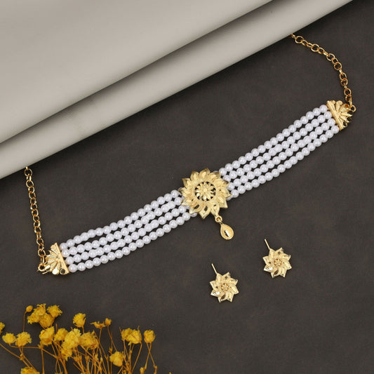 Artificial Gold-Tone Ruby & Crystal Choker with Faux Pearl Drops