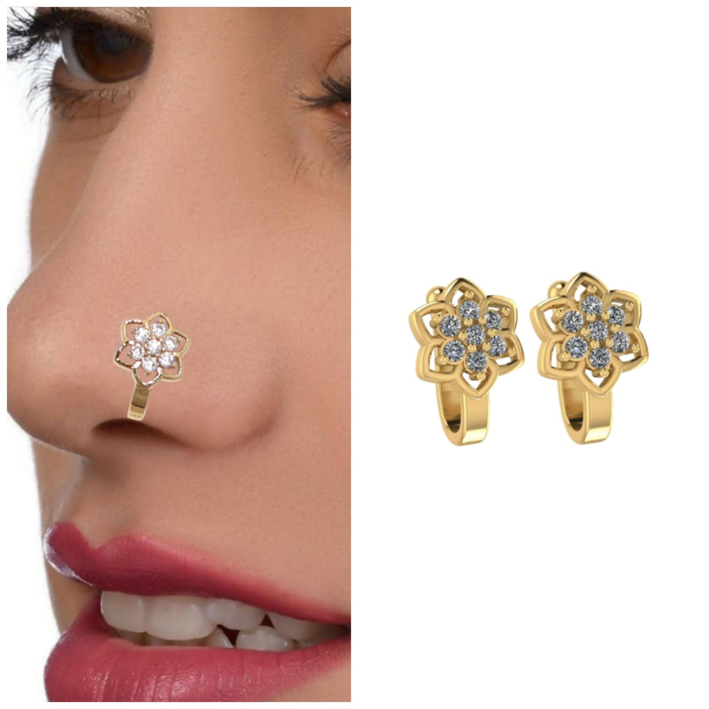 Artificial Gold Rose Silver Clip On Nath Nose Pin Set Pink/Red Stone Combo Pack of 2