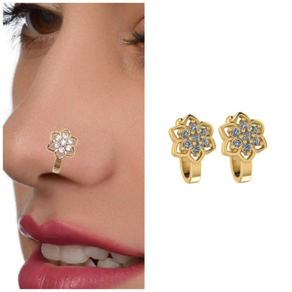 Artificial Gold Rose Silver Clip On Nath Nose Pin Set Pink/Red Stone Combo Pack of 2