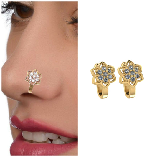 Artificial Gold Rose Silver Clip On Nath Nose Pin Set Pink/Red Stone Combo Pack of 2