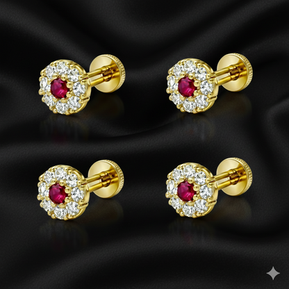 Artificial Gold plated Ruby & Diamond Floral Halo Nose Pin Labret Stud Combo Pack of 4