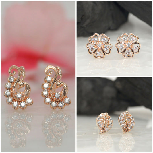 Rose    Artificial Gold AD Stud Earrings Set | Floral & Peacock Design for women and girls Combo Pack of 3