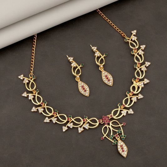 Elegant   Artificial Gold-Toned Floral & Green-Pink Stone Set
