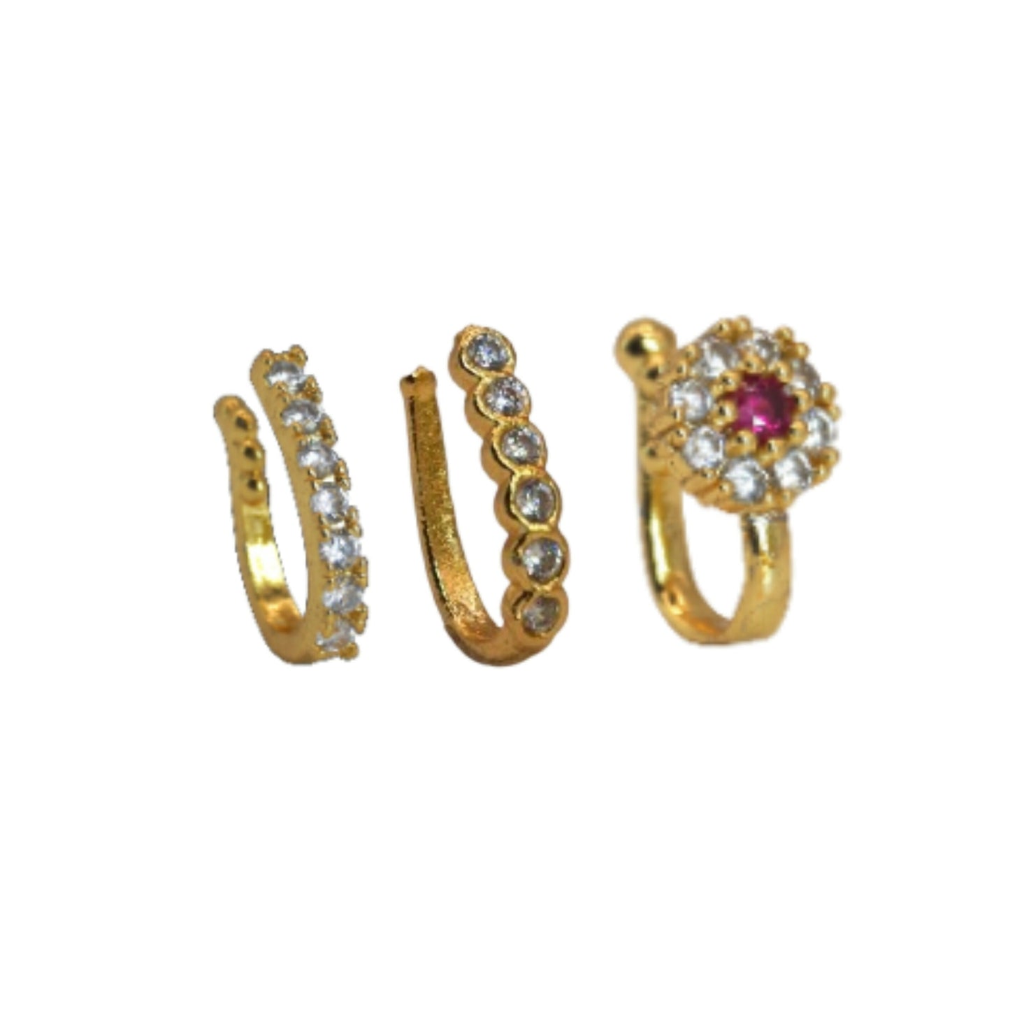 CZ Flower & Line Non-Piercing Nose Ring/Nath Combo Set Combo Pack of 3