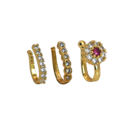 CZ Flower & Line Non-Piercing Nose Ring/Nath Combo Set Combo Pack of 3