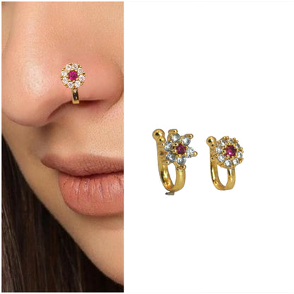 Traditional Ruby & CZ    Artificial Gold Plated Non-Piercing Nose Ring/Nath Combo Pack of 2