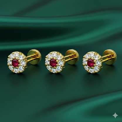 Artificial Gold plated Ruby & Diamond Floral Halo Nose Pin Labret Stud Combo Pack of 3