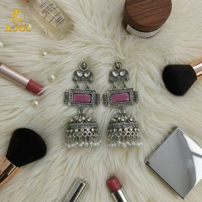 Royal Heirloom Oxidized Silver Jhumka Earrings with Blush Pink Stone Earring