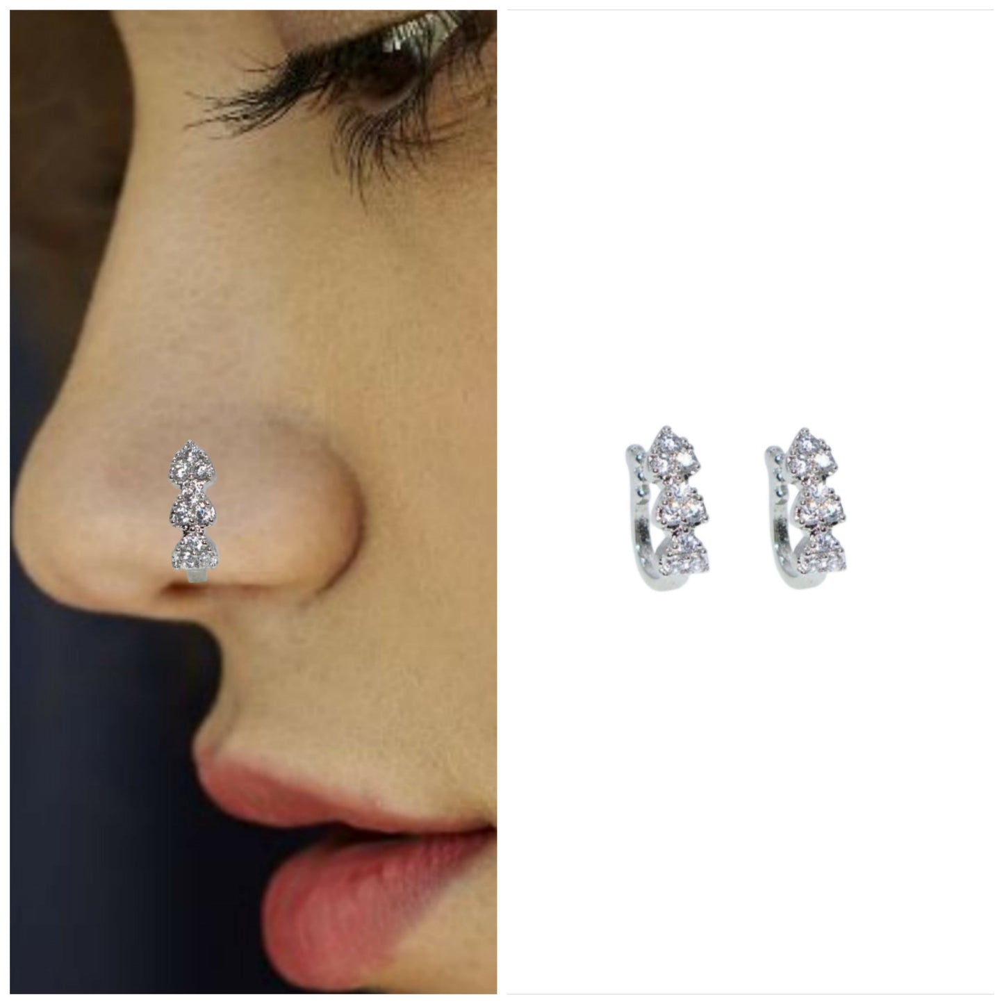 Clip On Nath Nose Pin Combo    Artificial Gold Rose Silver AD Fake Piercing Combo Pack of 2