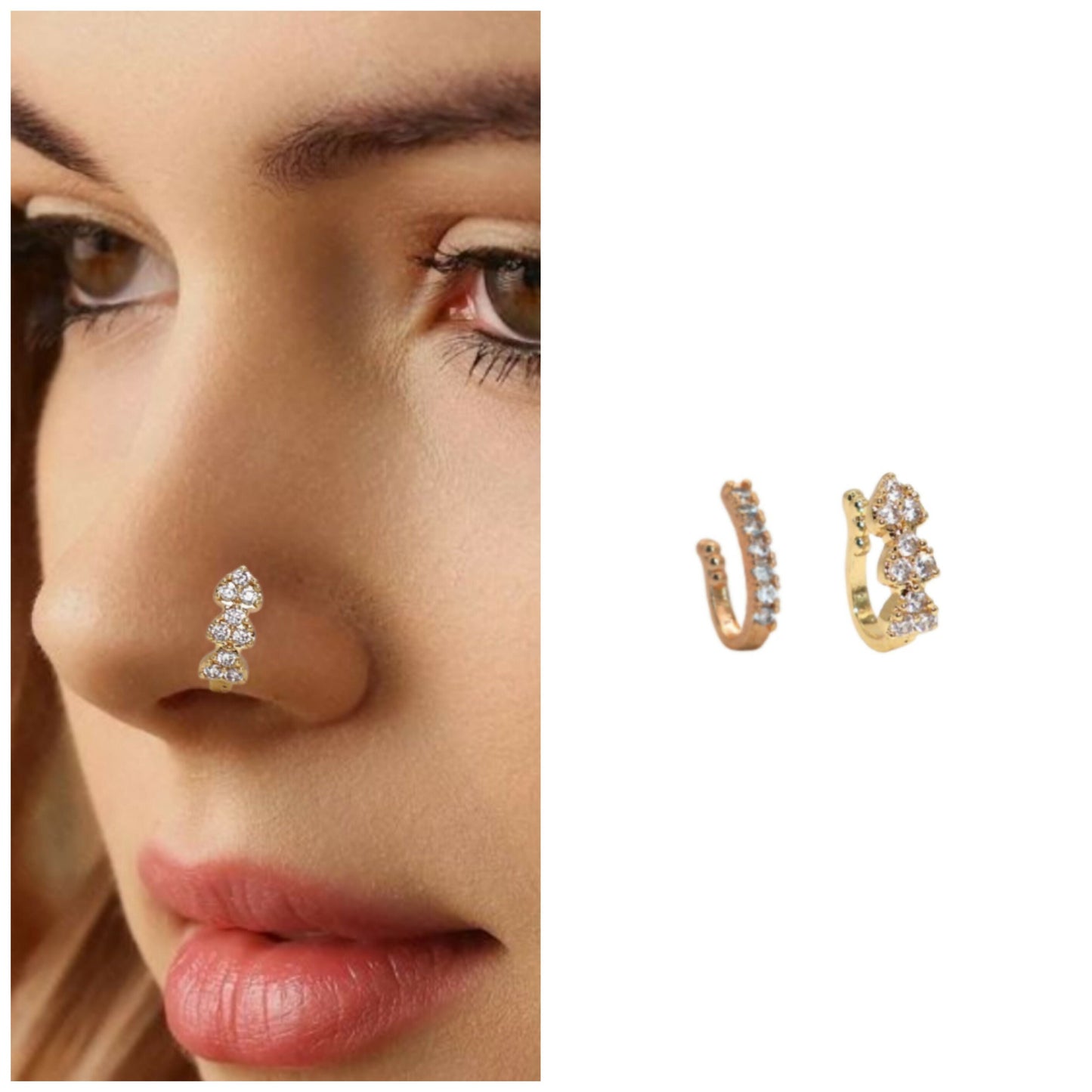 No Piercing CZ Nath Clip-On Nose Ring Set (   Artificial Gold & Silver) Combo Pack of 2