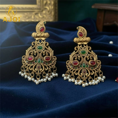 Antique Matte    Artificial Gold Temple Earrings with Red-Green Stone Work & Pearl Drops | Traditional South Indian Bridal Jewelry.