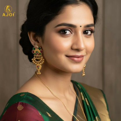 Kasmiri   Artificial Gold-Plated Chandbali Earrings with Green & Pink Stones