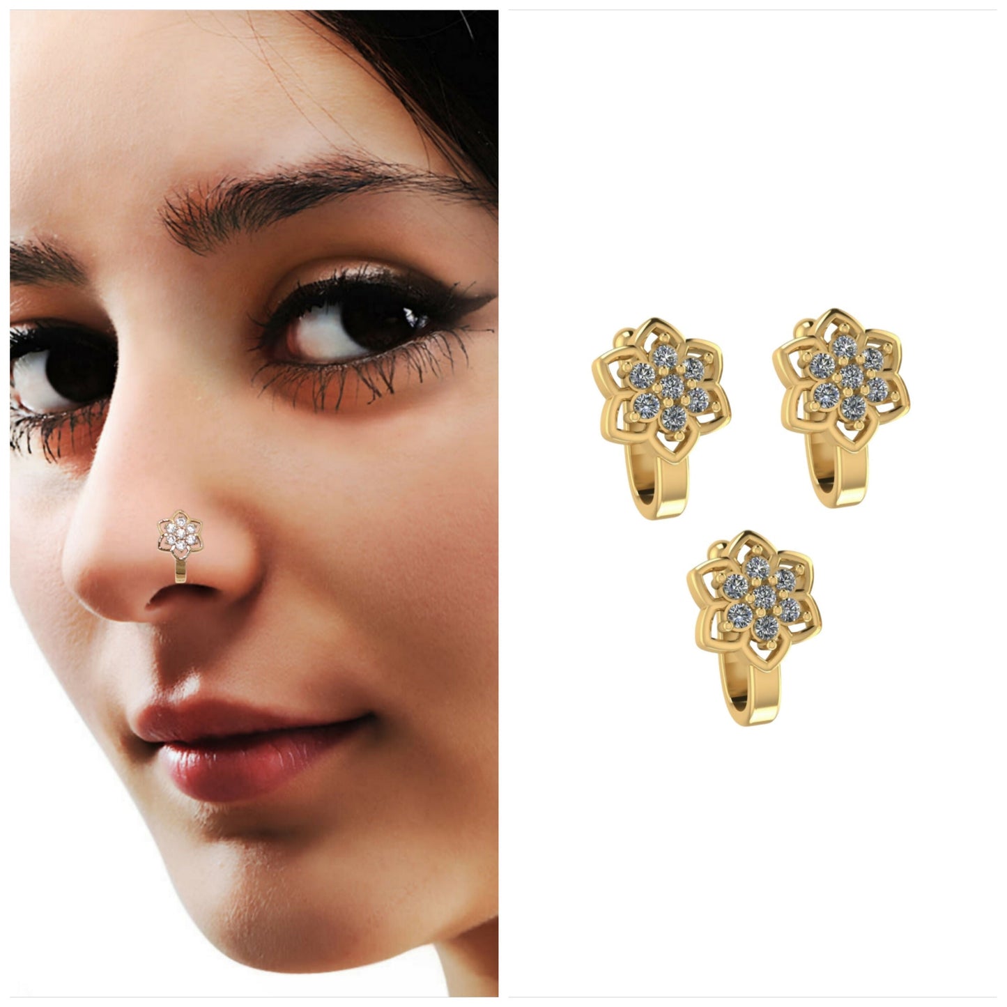 Artificial Gold-Plated Flower CZ Non-Piercing Nose Clip Set Pack of 3