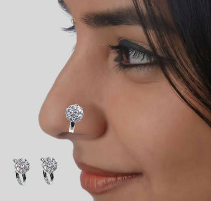 Silver-Plated AD Clip-On Nose Ring & Hoop Earrings Combo Pack of 2