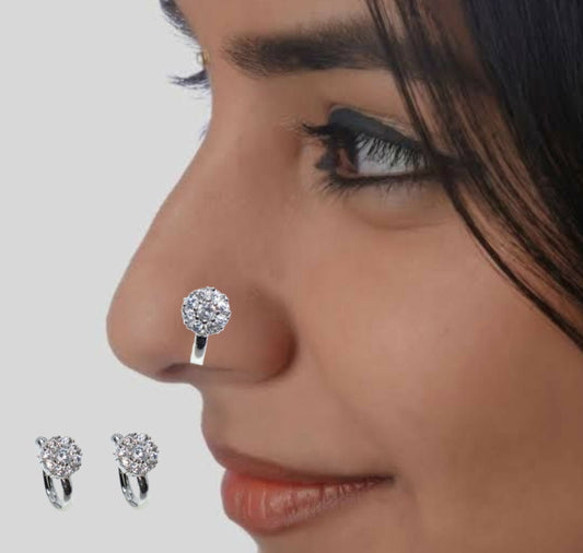 Silver-Plated AD Clip-On Nose Ring & Hoop Earrings Combo Pack of 2