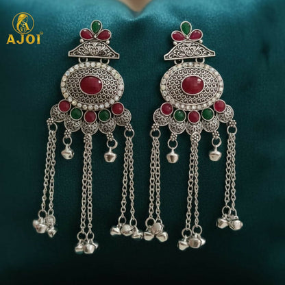 Kashmiri Style Oxidised Silver Long Earrings For Women And Girls