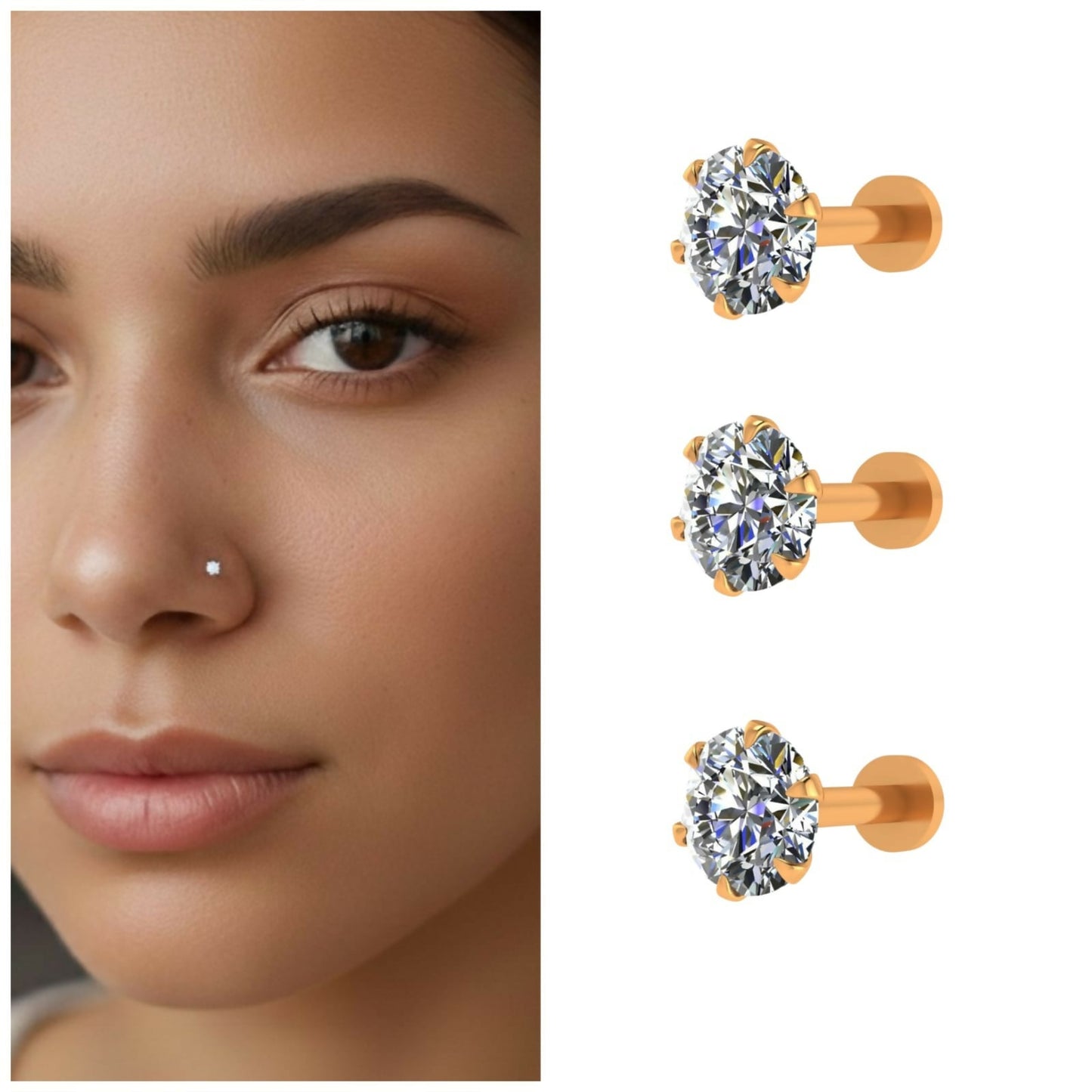 Artificial Gold AD Nosepin Laung Koka Nathni Flat Back Labret Combo Pack of 3